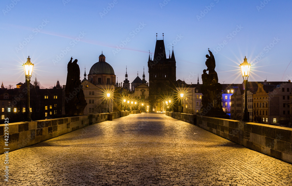 Prague, Charles Bridge (Karluv Most) in the morning, the most beautiful bridge in Czechia. Czech Republic