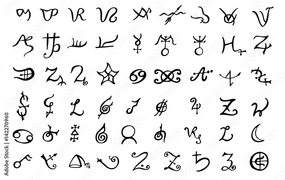 A set of alchemical symbols isolated on white. Hand drawn elements for design. Mystical, esoteric, occult theme. A set of alchemical symbols isolated on white. Hand drawn elements for design. Mystical, esoteric, occult theme.