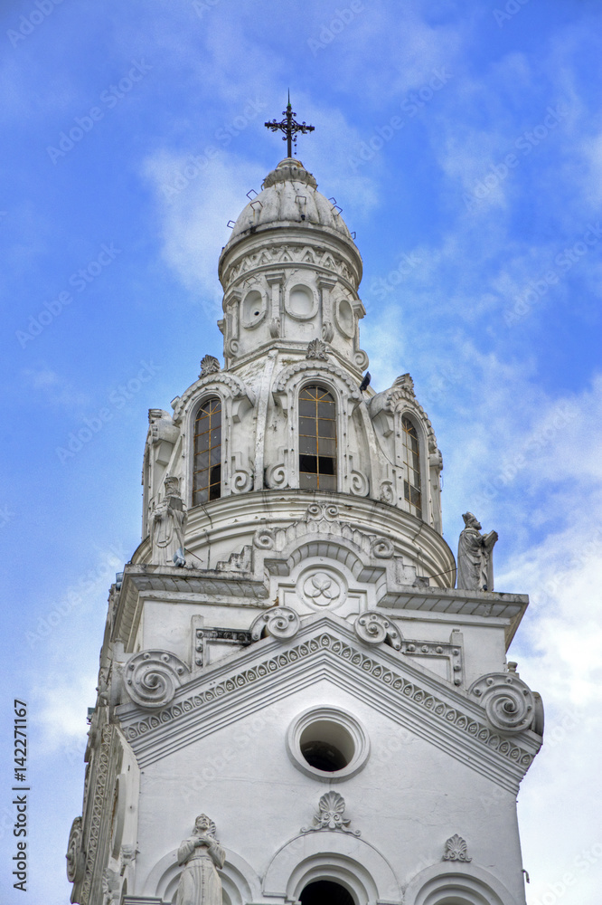 Old steeple from Quito's cathedral in the downtown area. Quito, Ecuador, South America