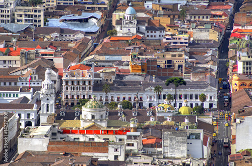 Old city of Quito from the Panecillo hill. A view of the downtown area, Ecuador, South America.