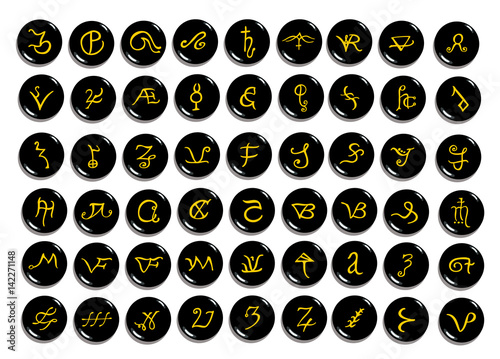 A set of  golden alchemical symbols carved on stone isolated on white. Hand drawn elements for design. Mystical, esoteric, occult theme.