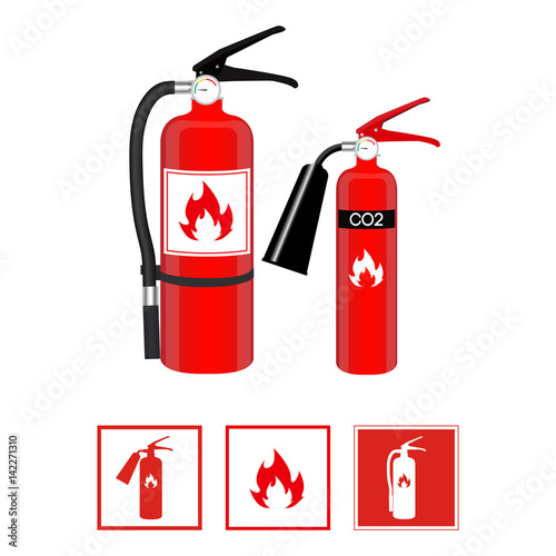 Basic RGBFire extinguishers in realistic style and flat signs isolated on white background. illustration.