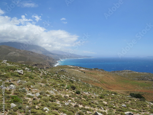 Green hills and blue sea of Area Preveli  the southern coast of Crete