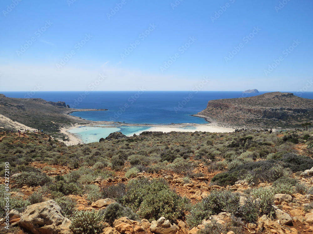 Crystal clear water, sand bars, rocks and islands. Balos Bay, Crete, Greece, Mediterranean