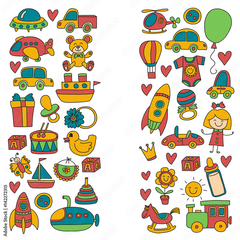 Vector doodle set with toys for shop, store, kindergarten, nursery Hand drawn vector illustration Vector doodle set with toys for shop, store, kindergarten, nursery Hand drawn vector illustration