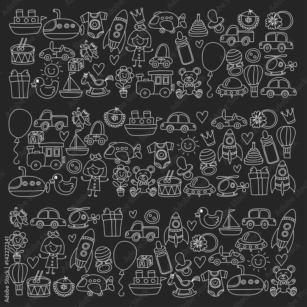 Vector doodle set with toys for shop, store, kindergarten, nursery Hand drawn vector illustration