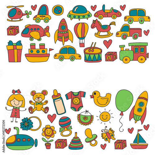 Vector doodle set with toys for shop, store, kindergarten, nursery Hand drawn vector illustration