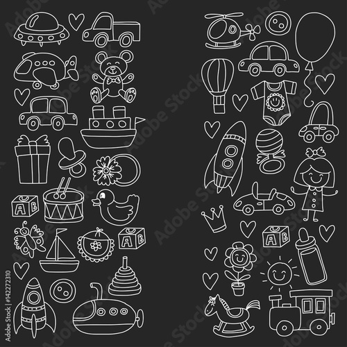 Vector doodle set with toys for shop, store, kindergarten, nursery Hand drawn vector illustration
