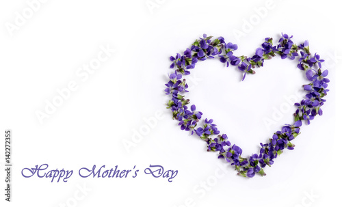 Delicate spring violets in the shape of a heart on a white background. Mother's day