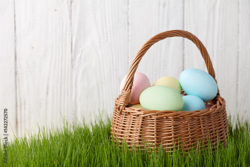 Colorful easter eggs basket in a grass meadow on white fence background