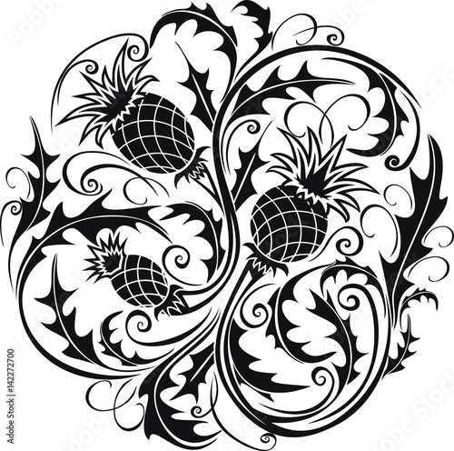 beautiful black and white round vignette in Celtic style with flowers thistle