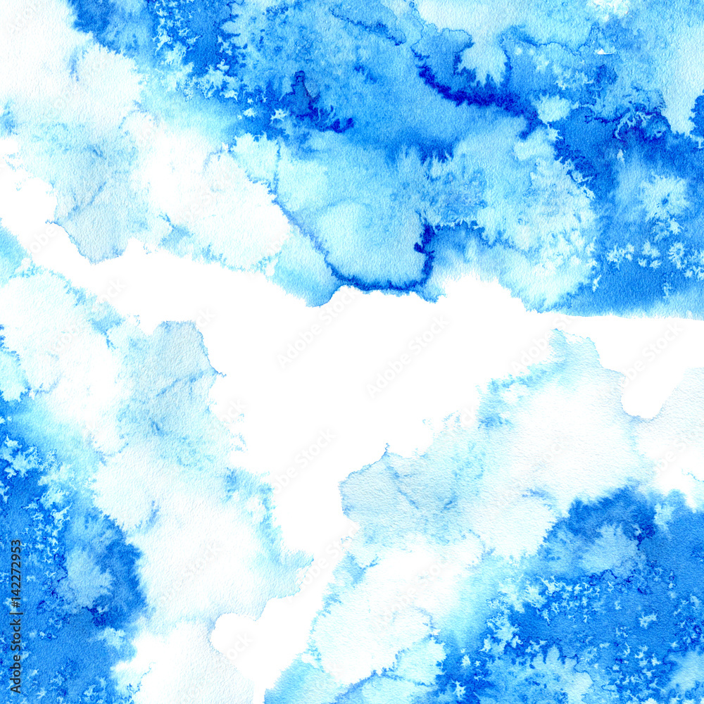 Blue watery frame .Abstract watercolor hand drawn illustration. Azure splash.White background.