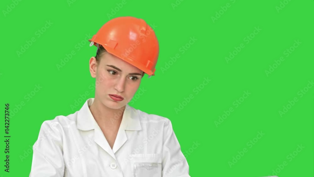 Stressed female engineer in helmet checking constraction plan on a Green Screen, Chroma Key. Stressed female engineer in helmet checking constraction plan on a Green Screen, Chroma Key.