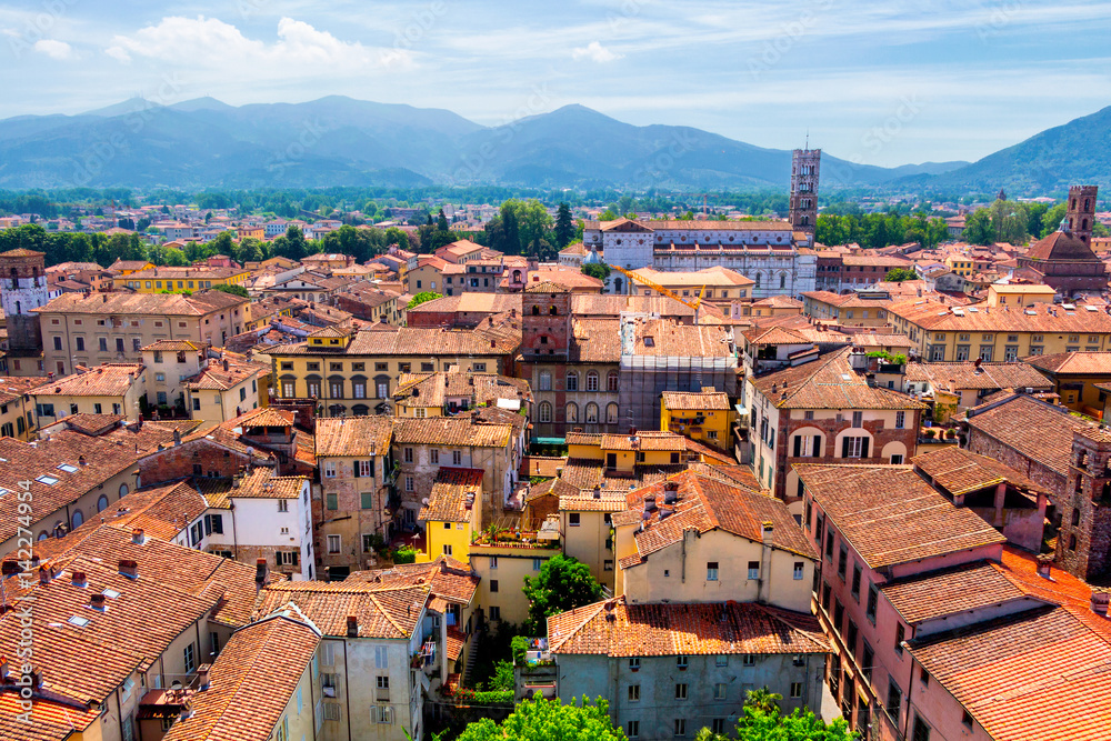 Aerial view of Lucca (Tuscany, Italy) during a sunny afternoon