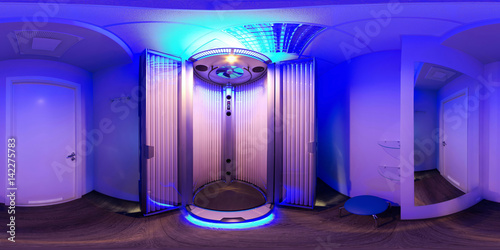 Panorama 360 rooms with blue solarium open tanning unit view in 3d 360 degree view of solarium. Tanning room in the panorama. 3d tour of the room for tanning salt.