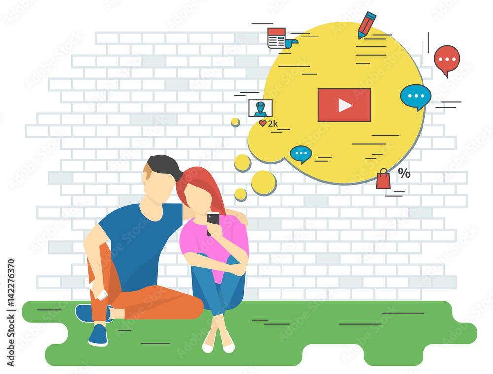 Keeping track concept illustration of young man and woman using smartphone for watching video, online shopping, chatting, newa reading and networking. Flat design of people addicted to network - obrazy, fototapety, plakaty 