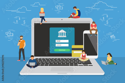 Mobile banking concept illustration of people using laptop and mobile smart phone for online banking and accounting. Flat men and women near big gadgets with credit cards and bank symbols