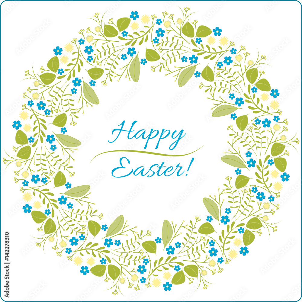 Happy Easter greeting card. Vector drawing, flowers, buds and leaves