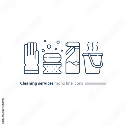 Sanitation objects set, cleaning equipment items and services, line icons