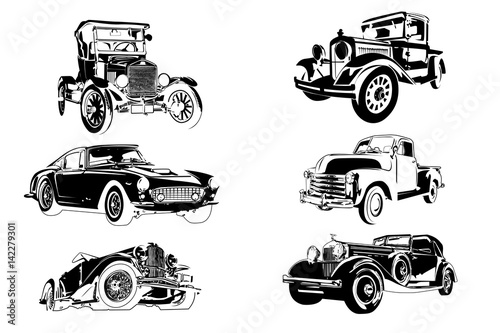 Fototapeta Klasyczne samochody retro rysunkowe na białym tle ścienna