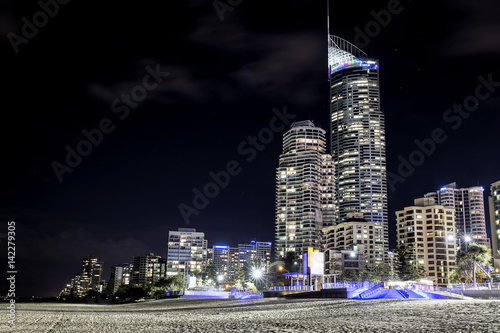 Gold Coast Surfers Paradise famous beach and cityscape at night, with the Q1 building photo