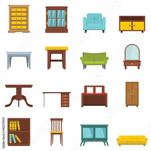 Set flat cartoon office and house furniture