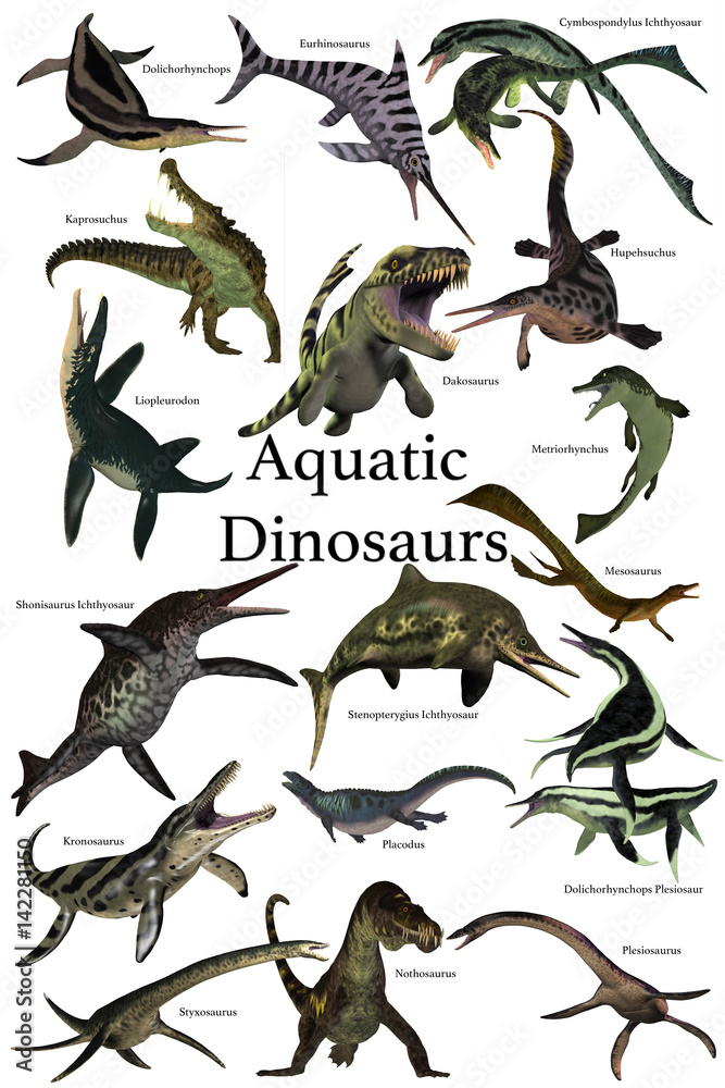 Fototapeta premium Aquatic Dinosaurs - A collection of various marine reptile dinosaurs from different prehistoric periods of Earth's history. 