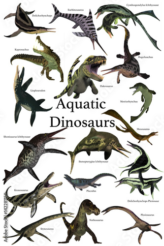 Aquatic Dinosaurs - A collection of various marine reptile dinosaurs from different prehistoric periods of Earth's history.  © Catmando