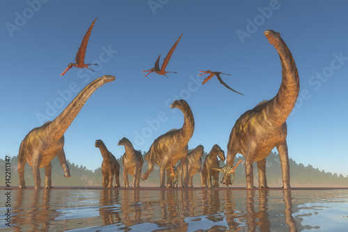 Cretaceous Argentinosaurus Herd - An Argentinosaurus and Deinocheirus herd gets upset when a flock of Anhanguera reptiles fly to close to them. © Catmando