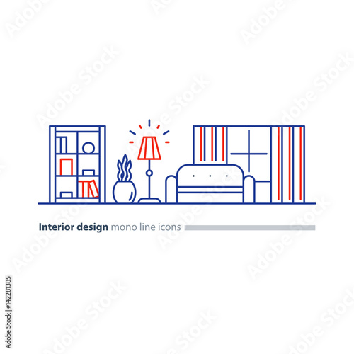 Simple interior, apartment design services, line furniture icons set