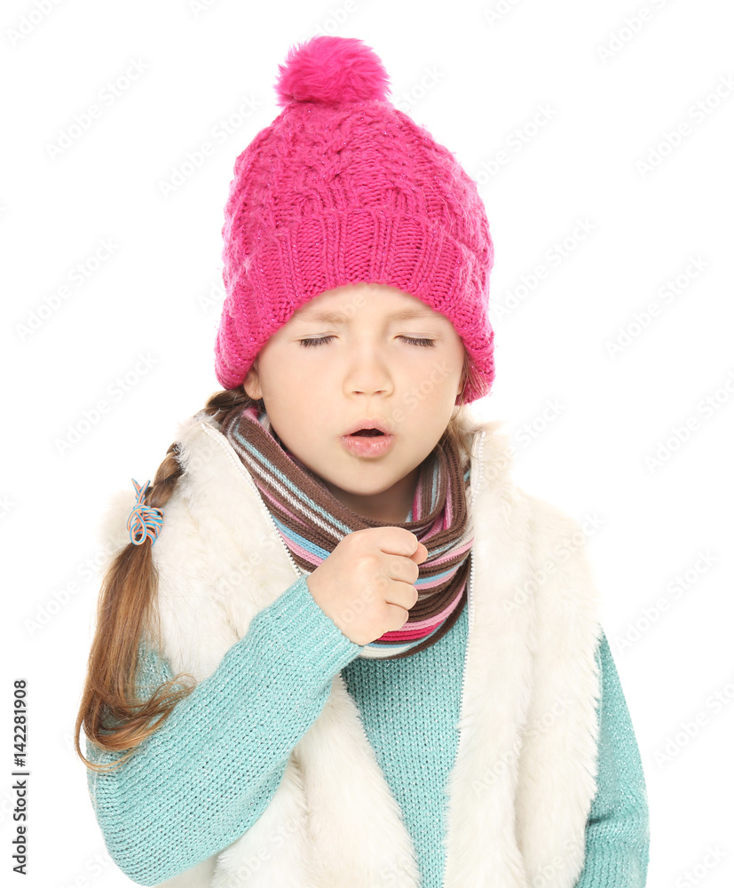 Sick little girl with cough isolated on white Sick little girl with cough isolated on white