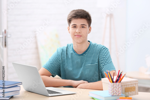 Teenager using laptop at home