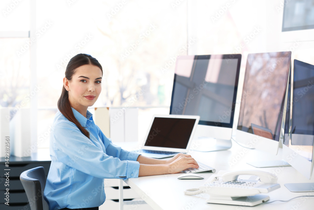 Beautiful security guard in surveillance room Beautiful security guard in surveillance room