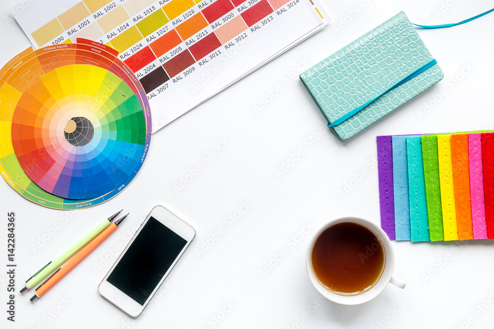 professional creative graphic designer desk on white background top view mock up professional creative graphic designer desk on white background top view mock up