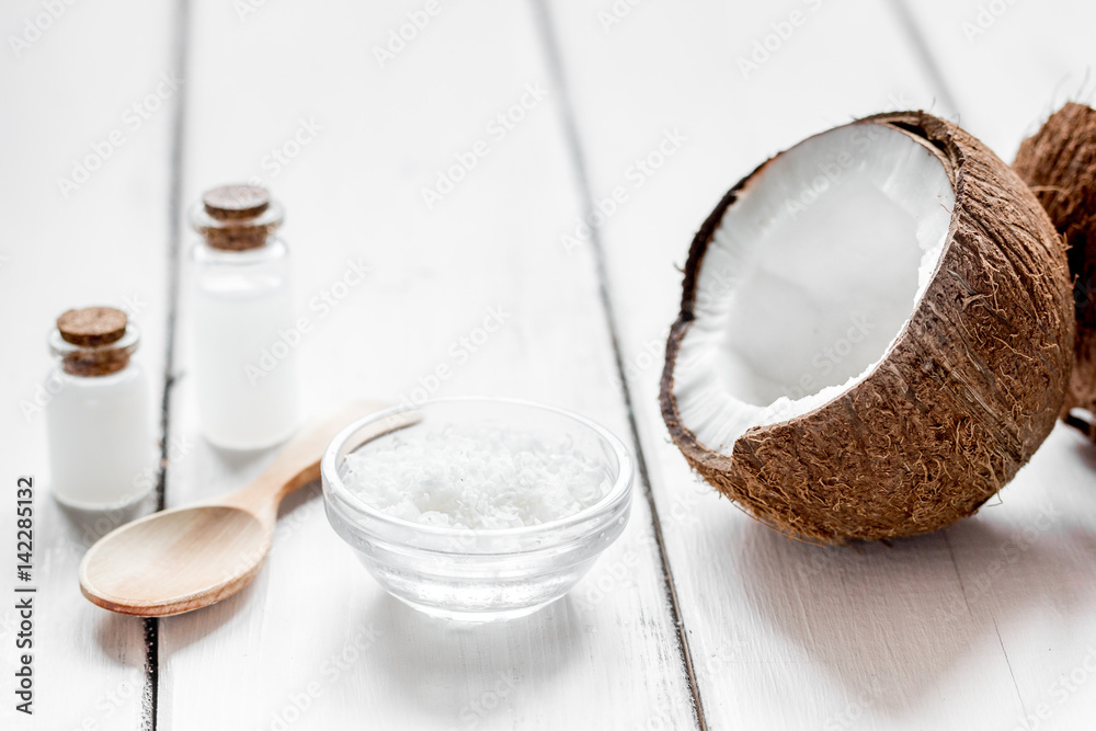 organic cosmetics concept with coconut on table background mockup organic cosmetics concept with coconut on table background mockup