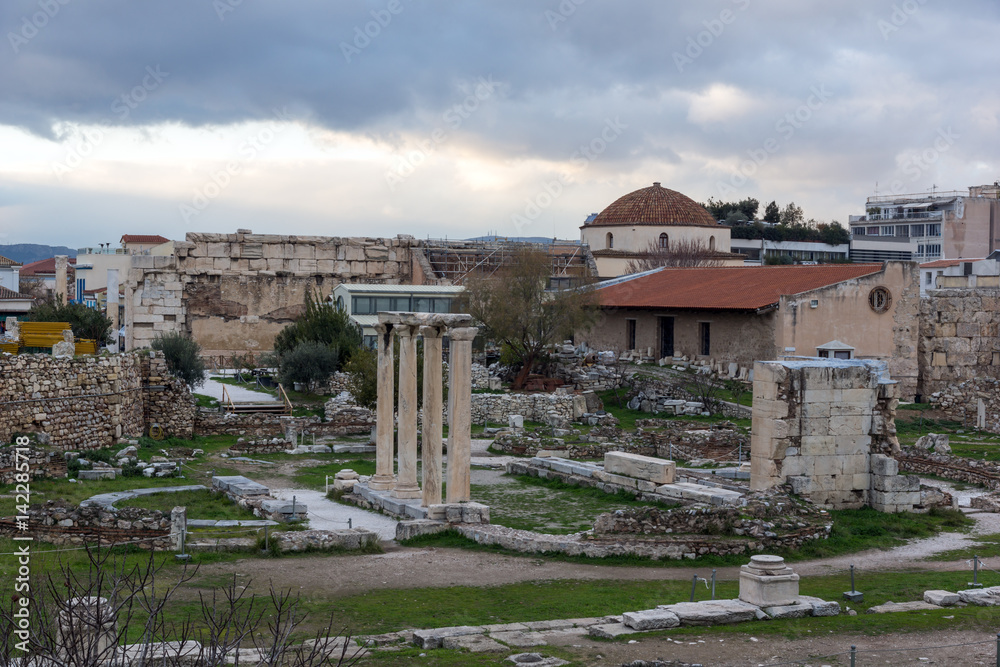 Obraz premium Sunset view of Hadrian's Library in Athens, Attica, Greece