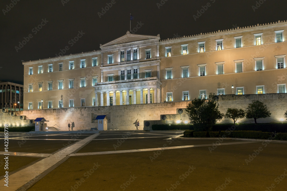 Night photo of The Greek parliament in Athens, Attica, Greece