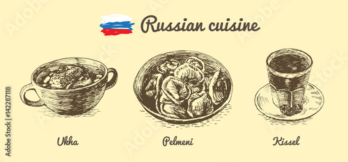 Russian menu monochrome illustration.