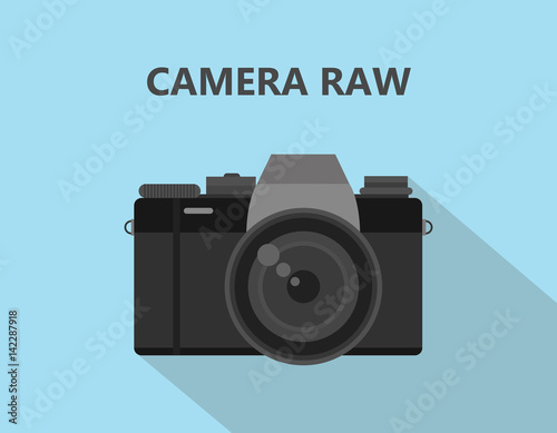 Camera RAW format file illustration with camera icon with shadow and blue background