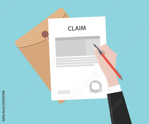 illustration of a man signing stamped claim letter using a red pen with folder document and blue background photo
