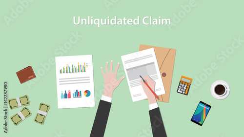 illustration of a man signing unliquidated claim document with paperworks, folder document, money and calculator on top of table photo