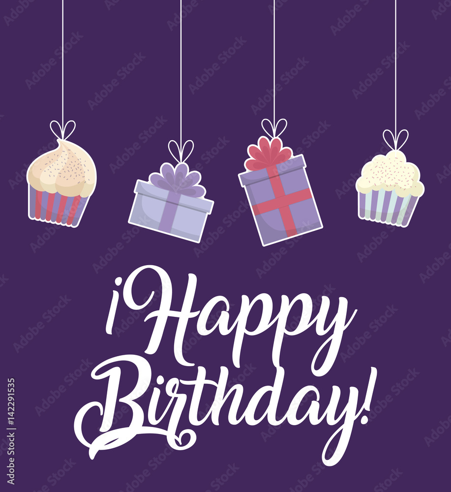 Naklejka premium happy birthday card with related icons hanging over purple background. colorful design. vector illustration