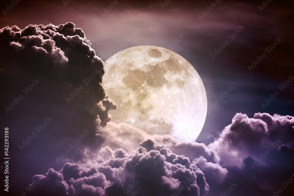 Obraz premium Nighttime sky with clouds and bright full moon with shiny. Vintage tone effect.