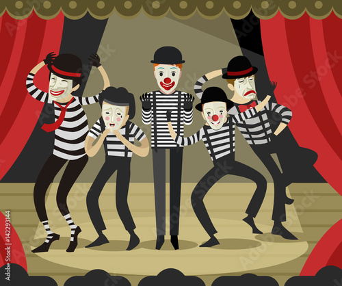 five mime clowns playing actors in theater stage