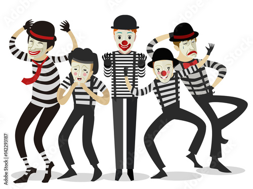 five mime clowns cute happy