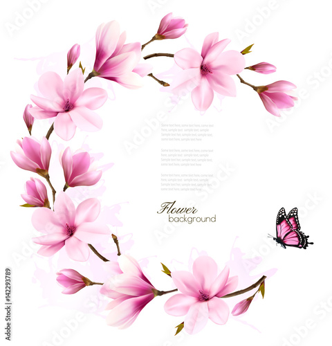 Fototapeta Naklejka Na Ścianę i Meble -  Nature background with blossom branch of pink flowers. Vector