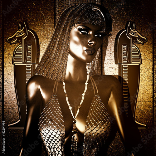 Beautiful black Egyptian queen or pharaoh with gold crown, fashion cosmetics, statue earrings posing against a stone textured wall with hieroglyphics. 
