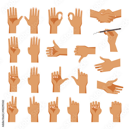 Male Hand Set of hands Men's in different gestures emotions 
palm,hand back, view and signs One to ten on white background isolated vector illustration