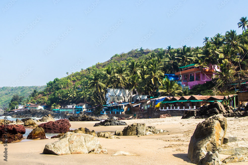 Arambol beach with stones, palms and houses, Goa, India