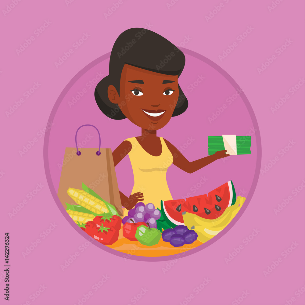 Woman standing at the table with shopping bag. Woman standing at the table with shopping bag.